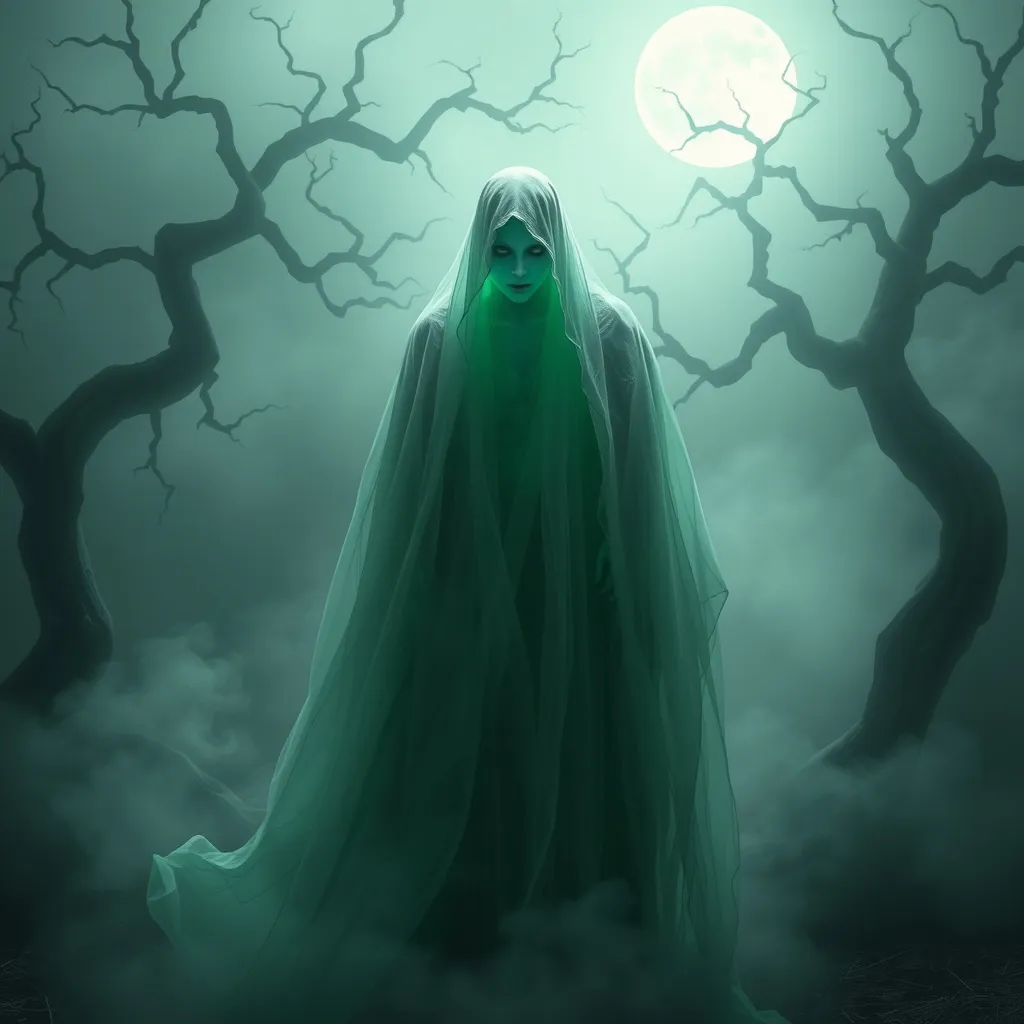 Prompt: (mysterious figure in green and white with pale skin) The Spectre stands shrouded in ethereal mist, an aura of enigma surrounding it, (gloomy ambiance) illuminated by pale moonlight. The background features twisted, shadowy trees, (haunting atmosphere) creating a sense of foreboding and intrigue, (highly detailed, 4K) depicting the essence of ghostly allure and mystery.