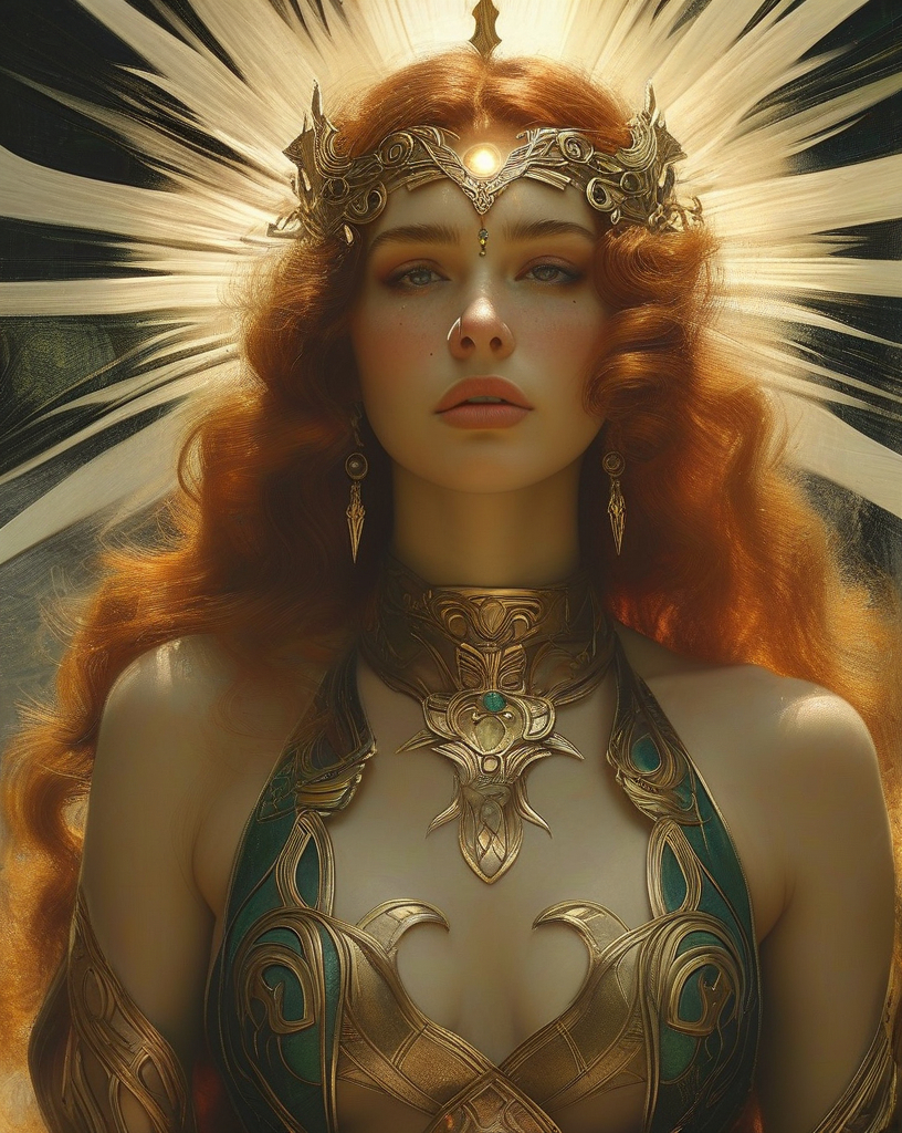 Prompt: Helia Helene, sun sorceress, beautiful, well endowed, auburn hair, art deco patterns, hero, the bringer of light against the forces of darkness.