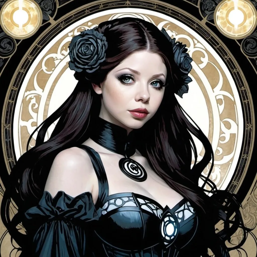 Prompt: Michelle Trachtenberg as Black Lantern by Alphonse Mucha