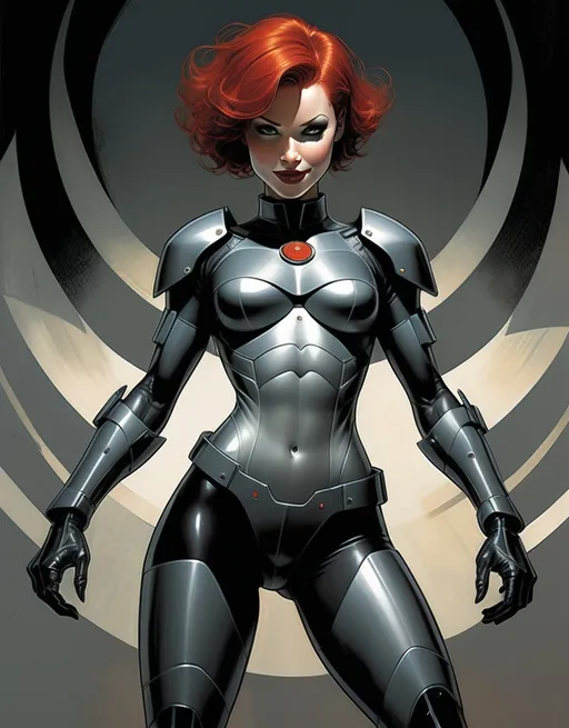 Prompt: Armoured female superhero Ms. Metal, beautiful, nice smile, short red hair, AI / human hybrid,  well endowed, a halo of digital images behind her, detailed, dark colors, dramatic, full body pose graphic novel illustration,  2d shaded retro comic book by Dave McKean