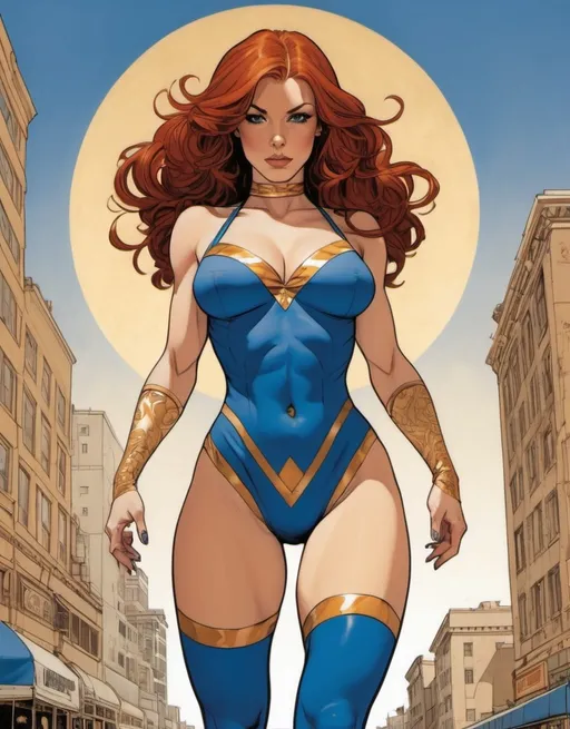 Prompt: Shauna Murphy, the giantess superhero known as Tower Girl, beautiful, auburn hair, royal blue and gold pop art patterns, soft gentle smile, standing 50 foot high, nemesis of evil by Adam Hughes.