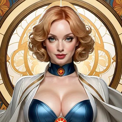 Prompt: Christina Hendricks as Power Girl with blonde hair by Alphonse Mucha 