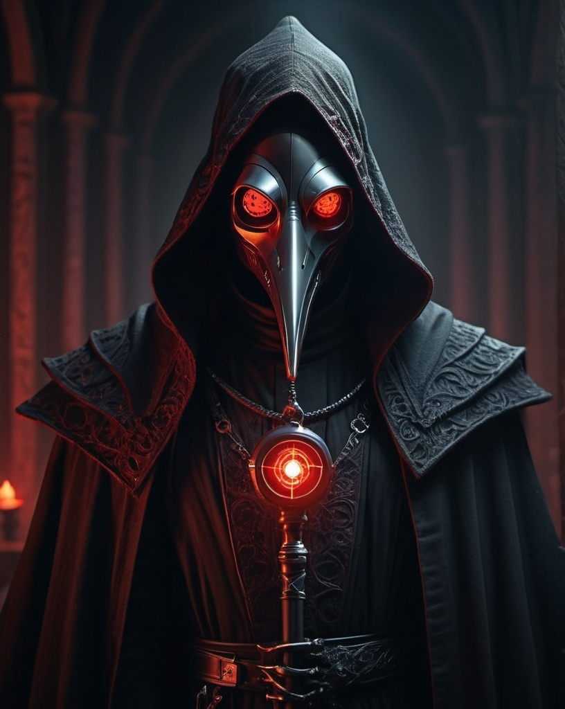 Prompt: (sith lord plague doctor), dark, menacing aura, intricate robes blending ancient and modern motifs, a twisted mask with sharp beak, glowing red eyes piercing through shadows, dramatic contrasts of light and darkness, ominous atmosphere, gothic themes, medieval background elements, (highly detailed), (4K), cinematic composition, eerie ambiance, conveying power and mystery.