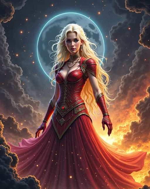 Prompt: Lynia, The Queen Of Time And Space, a woman in a red dress standing in a field of clouds and stars with a full moon behind her, Anne Stokes, fantasy art, epic fantasy character art, concept art