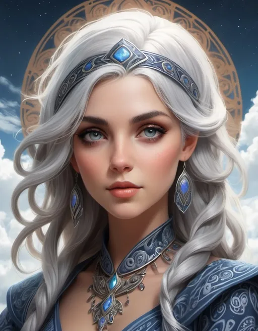 Prompt: Elodie, The Sky Sorceress, beautiful, well endowed, grey hair, paisley patterns, daughter of the sun.