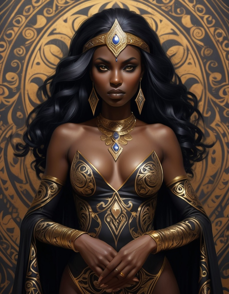 Prompt: Black Gold, sorceress, dark skin, well endowed, mysterious, paisley patterns,  bohemian heroine of the night, protecting the world from evil forces.