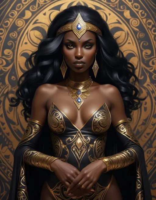 Prompt: Black Gold, sorceress, dark skin, well endowed, mysterious, paisley patterns,  bohemian heroine of the night, protecting the world from evil forces.