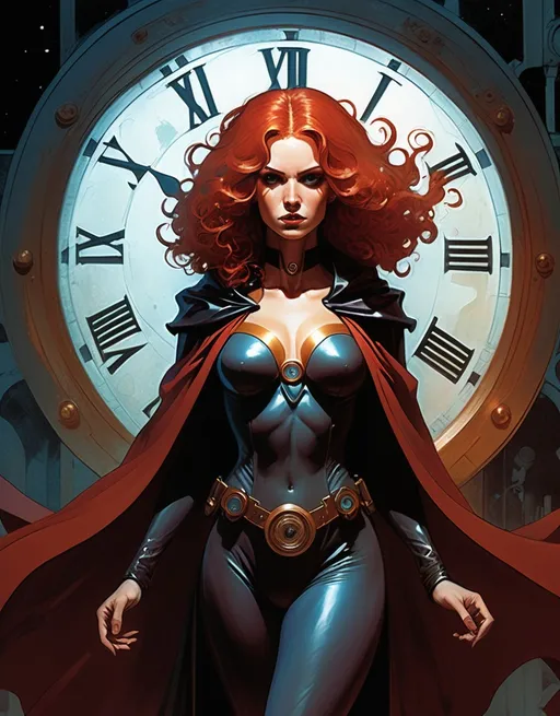 Prompt: Cloaked female superhero Lynia Tempus, The Sorceress Of Time And Space, beautiful,  red hair, curls, haunting,  well endowed, a halo of clocks behind her, detailed, dark colors, dramatic, full body pose graphic novel illustration,  2d shaded retro comic book by Bill Sienkiewicz