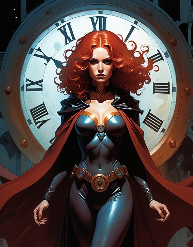 Prompt: Cloaked female superhero Lynia Tempus, The Sorceress Of Time And Space, beautiful,  red hair, curls, haunting,  well endowed, a halo of clocks behind her, detailed, dark colors, dramatic, full body pose graphic novel illustration,  2d shaded retro comic book by Bill Sienkiewicz