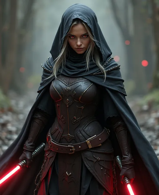 Prompt: Create a beautiful, but deadly, well endowed, priestess Sith Lord. Hooded in patterned armour and armed with a light saber, with light grey hair and beautiful red eyes and call her Mort Debb. Full body action shot.