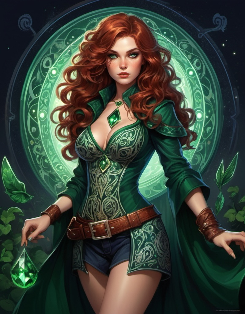 Prompt: Mage Emerald, paisley patterns, Irish, auburn hair, curls, well endowed, sorceress, heroine of the night, here to save the world from dark magic.