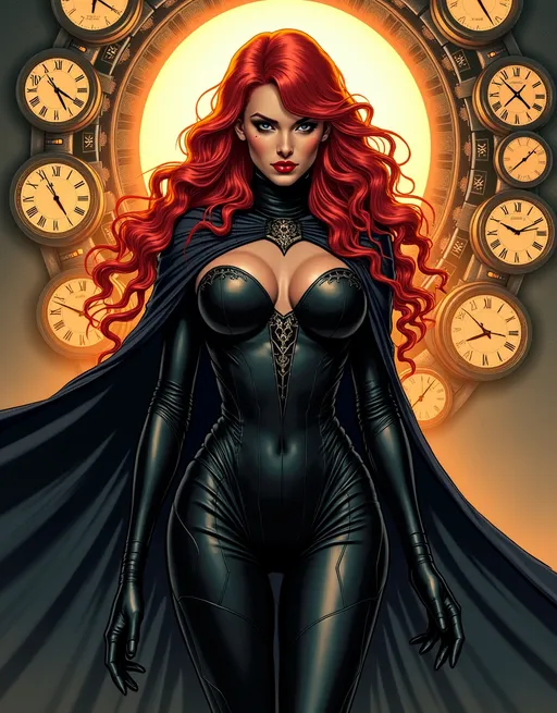 Prompt: Cloaked female superhero Lynia Tempus, The Sorceress Of Time And Space, beautiful,  red hair, curls, haunting,  well endowed, a halo of clocks behind her, detailed, dark colors, dramatic, full body pose graphic novel illustration,  2d shaded retro comic book by Adam Hughes