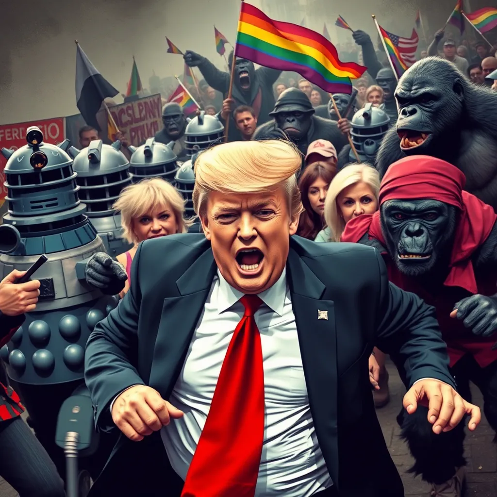 Prompt: Donald Trump being chased by an angry mob of Daleks, gay activists, women and gorillas