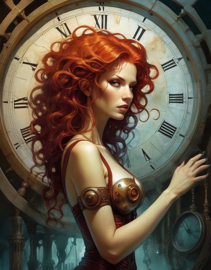 Prompt: Lynia Tempus, The Sorceress Of Time And Space, beautiful, well endowed, red hair, curls, a halo of clocks behind her by Ben Templesmith