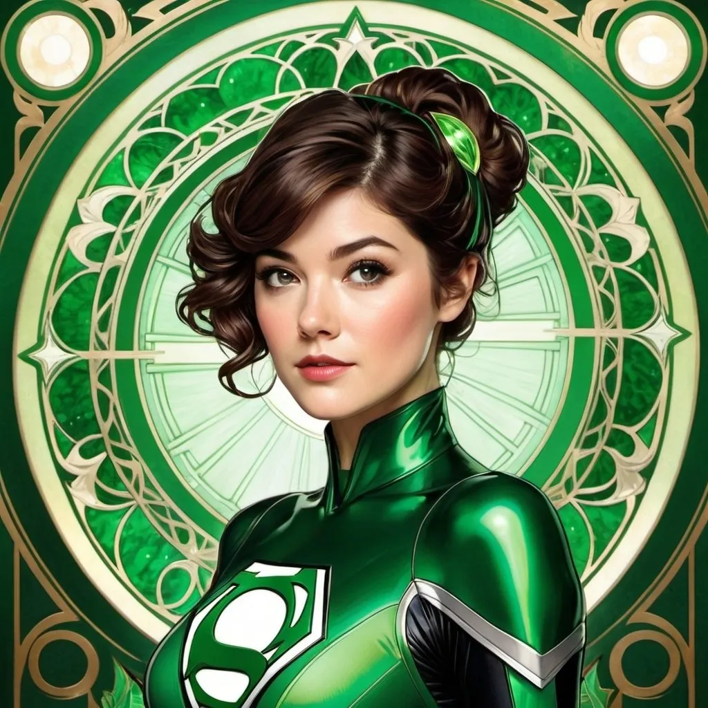 Prompt: Mary Elizabeth Winstead as Green Lantern by Alphonse Mucha