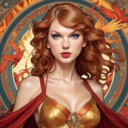 Prompt: Taylor Swift as Jean Grey Phoenix by Alphonse Mucha