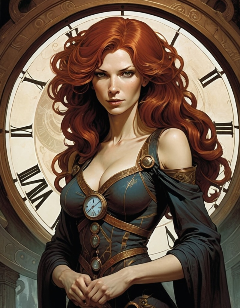 Prompt: Lynia Tempus, The Sorceress Of Time And Space, beautiful, well endowed,   red hair, soft curls, soft gentle smile, a halo of clocks behind her, detailed, dark colors, dramatic, graphic novel illustration,  2d shaded retro comic book by Ben Templesmith