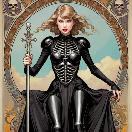 Prompt: Taylor Swift as Death Rider-Waite Tarot card by Alphonse Mucha