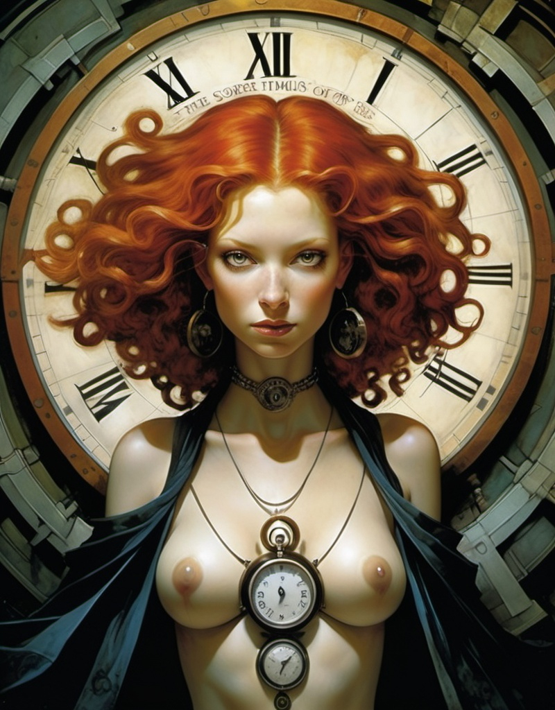 Prompt: Lynia Tempus, The Sorceress Of Time And Space, beautiful, well endowed, red hair, curls, a halo of clocks behind her by Dave McKean