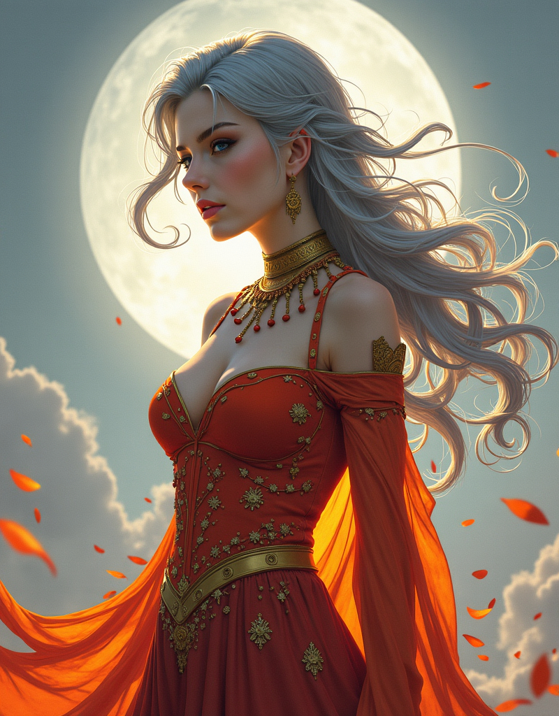 Prompt: Elodie, The Sky Sorceress, beautiful, well endowed, grey hair, paisley patterns, daughter of the sun.