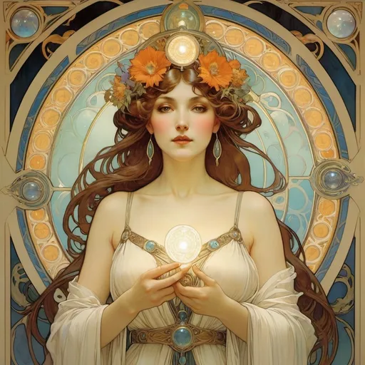 Prompt: Keeper of the Doorway To Nightmare, immortal, seer, the beautiful, well endowed Madame Xanadu with a halo of Tarot cards behind her, by Alphonse Mucha 
