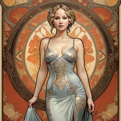 Prompt: Jennifer Lawrence full body poster by Alphonse Mucha 