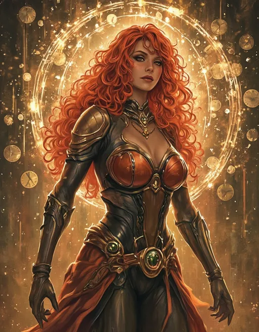 Prompt: Lynia Tempus, The Sorceress Of Time And Space, beautiful, well endowed, red hair, curls, a halo of clocks behind her.