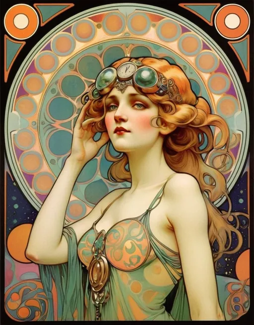 Prompt: Psychedelic 2025 New Year card by Alphonse Mucha