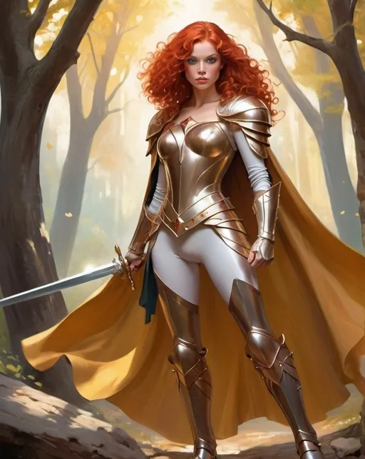 Prompt: (princess knight), superhero, well endowed armor-clad courageous warrior, (graceful posture), (21st Century setting), red hair, curls, dual swords sparkling in sunlight, (dramatic cape flowing), golden colors infused with soft pastels, (epic adventure atmosphere), fierce determination reflected in her eyes, surrounded by enchanted fairy-tale elements, rich depth, ultra-detailed, enchanting and vibrant scene. By Adam Hughes