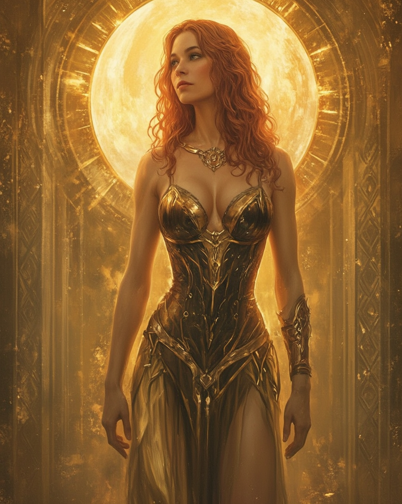 Prompt: Helia Helene, sun sorceress, beautiful, well endowed, auburn hair, art deco patterns, hero, the bringer of light against the forces of darkness.