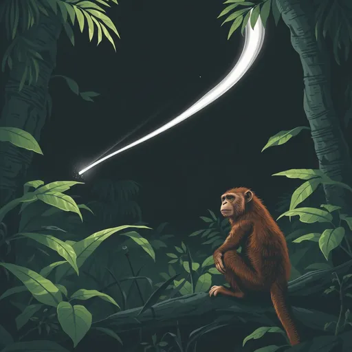 Prompt: There's a monkey in the jungle, watching a vapor trail, caught up in the conflict between his brain and his tail.