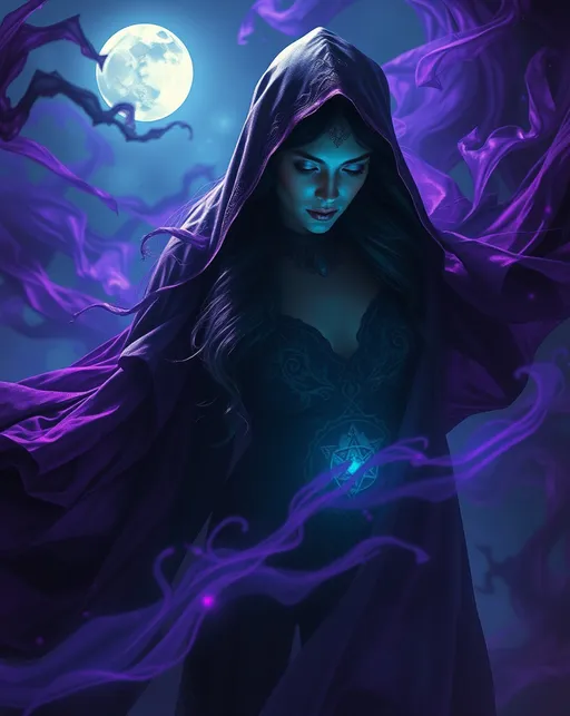 Prompt: (mysterious figure), Fantomah, the enigmatic Mystery Woman of The Night, back from the dead, enveloped in swirling shadows, vibrant purples and deep blues, with a shimmering aura, wearing a flowing dark cloak adorned with mystical symbols, ethereal glow revealing her graceful features, moonlight illuminating the scene, creating an atmosphere of intrigue and magic, ultra-detailed, cinematic lighting. 