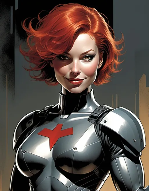 Prompt: Armoured female superhero Ms. Metal, beautiful, nice smile, short red hair, AI / human hybrid,  well endowed, a halo of digital images behind her, detailed, dark colors, dramatic, full body pose graphic novel illustration,  2d shaded retro comic book by Dave McKean