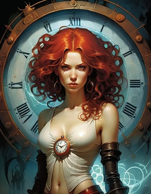 Prompt: Lynia Tempus, The Sorceress Of Time And Space, beautiful, well endowed, red hair, curls, a halo of clocks behind her by Ben Templesmith