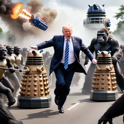 Prompt: Donald Trump being run over by a mob of angry Daleks, women and gorillas