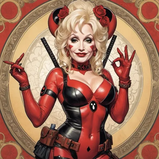 Prompt: Dolly Parton as Deadpool by Alphonse Mucha