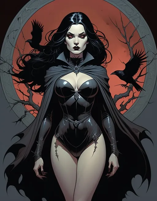 Prompt: Gothic female superhero The Witch Of Thorns, raven hair, beautiful, haunting,  well endowed, a halo of the moon, blood and thorns behind her, detailed, dark colors, dramatic, full body pose graphic novel illustration,  2d shaded retro comic book by Adam Hughes 