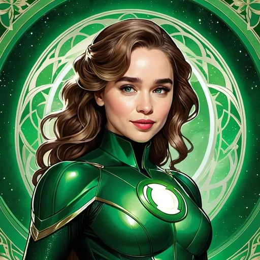 Prompt: Emilia Clarke as Green Lantern by Alphonse Mucha