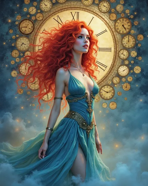 Prompt: (watercolor style), Lynia Tempus, The Sorceress Of Time And Space, (ethereal beauty), enchanting, (vibrant reds and blues), red curly hair, (well-endowed), surrounded by a halo of intricately designed clocks, whimsical atmosphere, cosmic elements, soft lighting, dreamlike quality, fluid motion, ultra-detailed, (masterpiece).