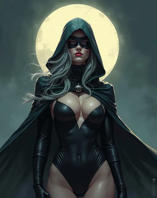 Prompt: Cloaked female superhero The Ghost Hawk, grey hair, beautiful, haunting, domino mask, well endowed, a halo of the moon behind her, detailed, dark colors, dramatic, full body pose graphic novel illustration,  2d shaded retro comic book by Adam Hughes 