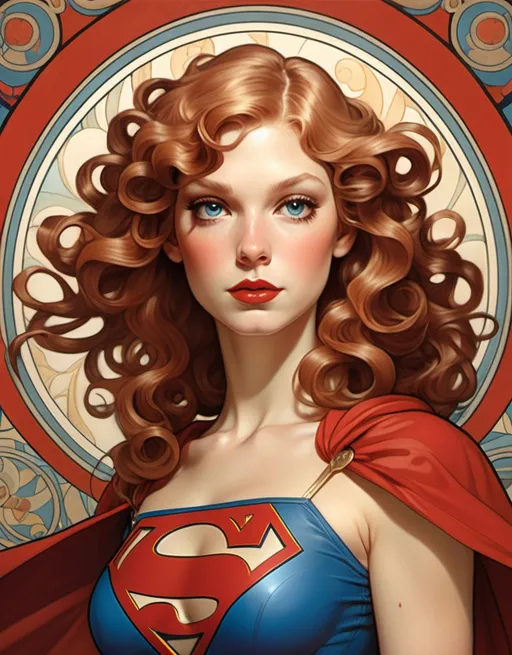 Prompt: Shauna Murphy as Supergirl with red and curls by Alphonse Mucha