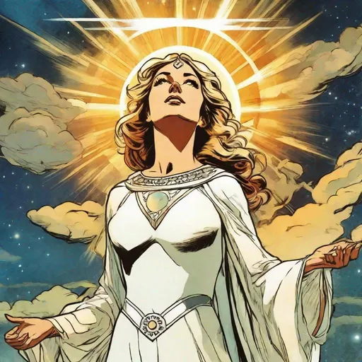 Prompt: From the Kingdom of Heaven, a beautiful female figure in transparent white appears in the sky with the light of the sun in her hands. Vibrant painted 60's comic book graphic novel illustration.