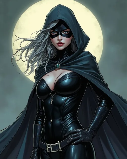 Prompt: Cloaked female superhero The Ghost Hawk, grey hair, beautiful, haunting, domino mask, well endowed, a halo of the moon behind her, detailed, dark colors, dramatic, full body pose graphic novel illustration,  2d shaded retro comic book by Adam Hughes 