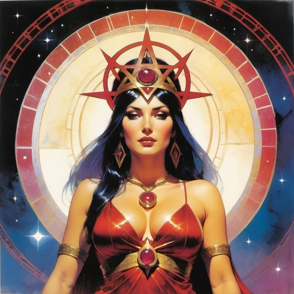 Prompt: From the Great Beyond appears the beautiful well endowed Sargon The Sorceress wearing the Ruby Of Life with a halo of pentagrams behind her by Bill Sienkiewicz
