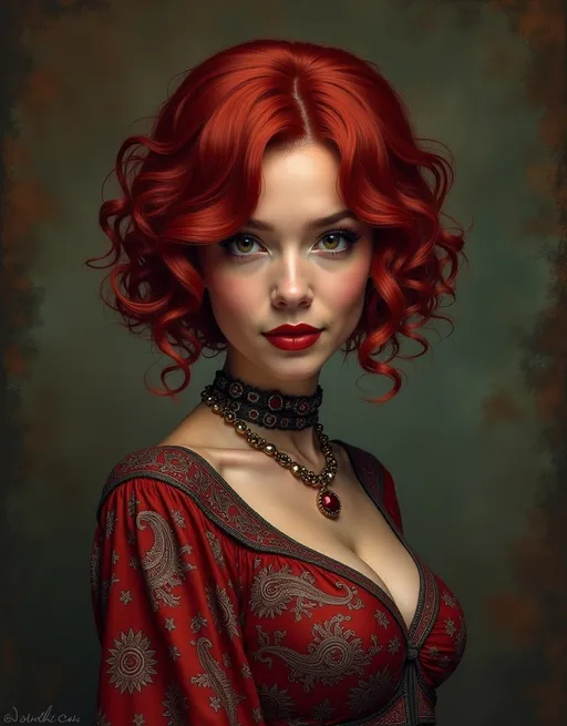 Prompt: Mage Crimson, paisley patterns, short 
 red hair, soft curls, well endowed, gentle smile, bohemian heroine of the night, here to save the world from dark magic.