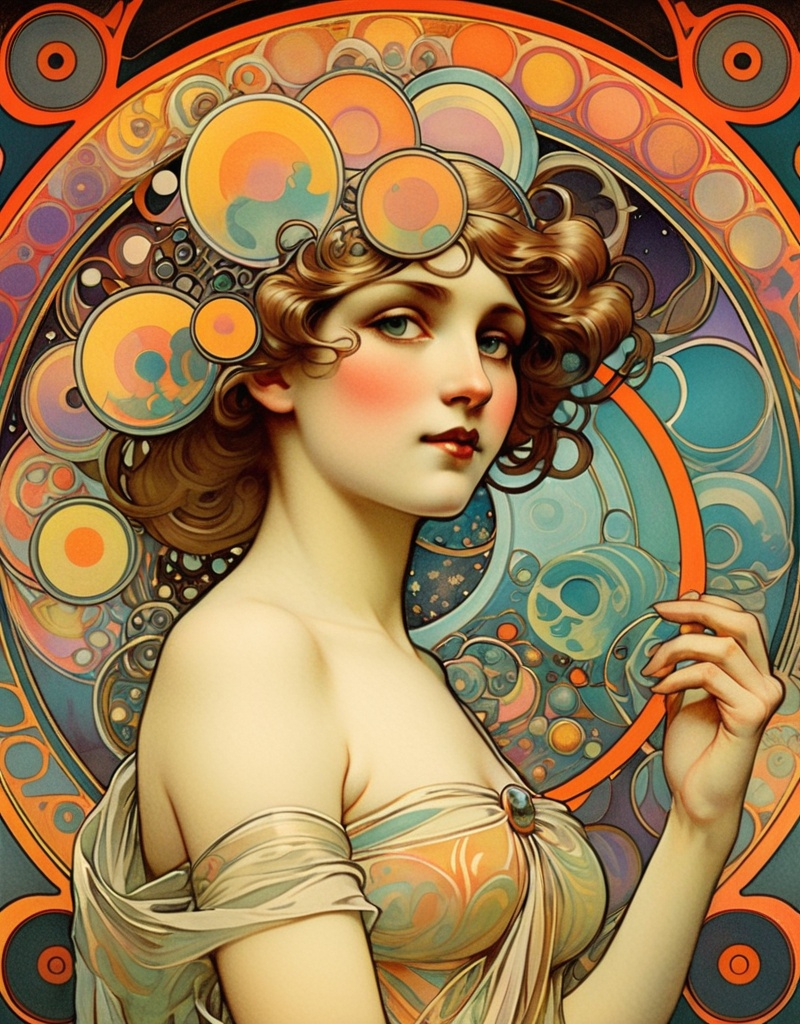 Prompt: Psychedelic 2025 New Year card by Alphonse Mucha