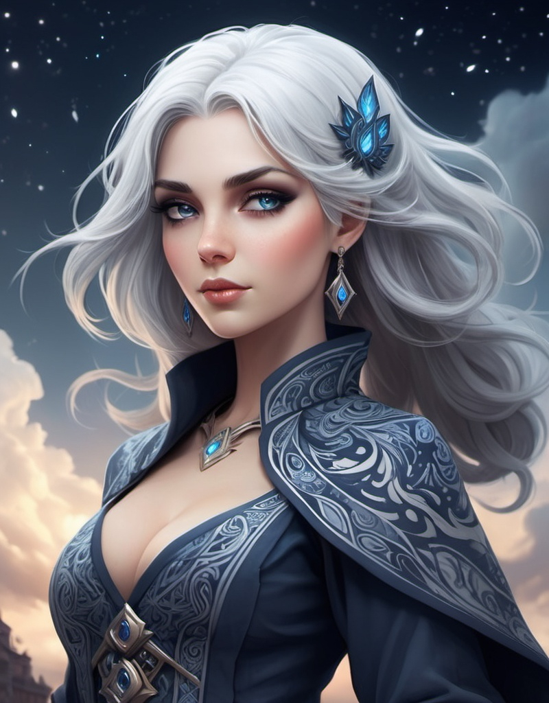 Prompt: Elodie, The Sky Sorceress, beautiful, well endowed, grey hair, paisley patterns, heroine of the night.