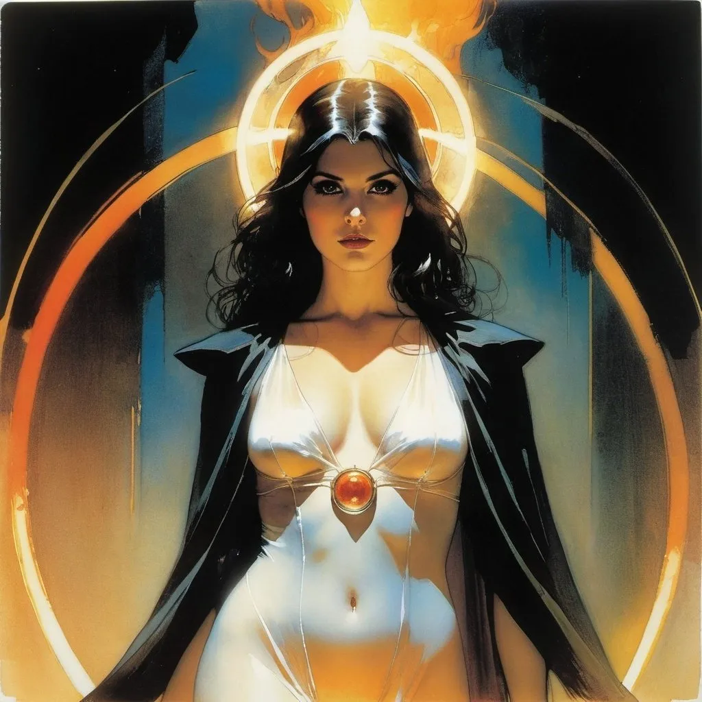 Prompt:  From the shadows appears a beautiful very well endowed young sorceress in transparent robes with a halo of fire behind her by Bill Sienkiewicz
