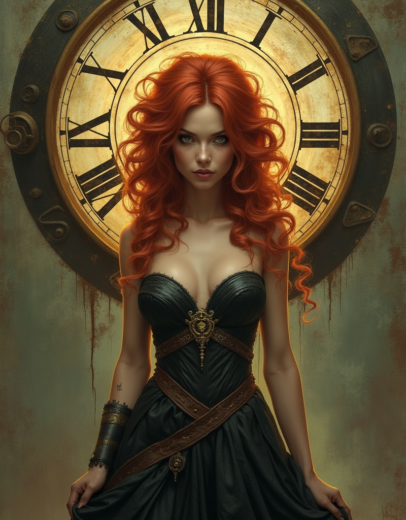 Prompt: Lynia Tempus, The Sorceress Of Time And Space, beautiful, well endowed, red hair, curls, a halo of clocks behind her by Ben Templesmith