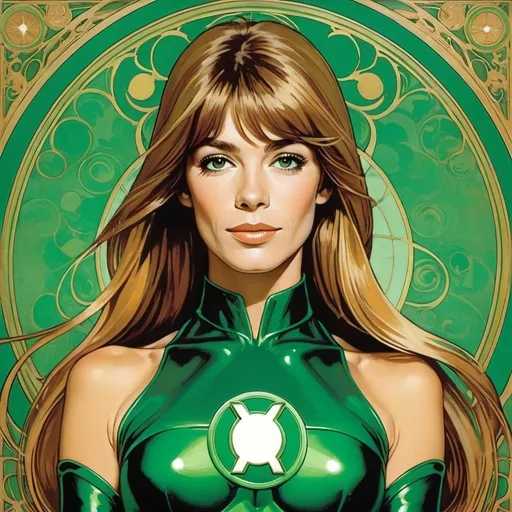 Prompt: Francoise Hardy as Green Lantern by Alphonse Mucha 